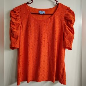 CeCe Orange Puff Sleeve Ruched Blouse